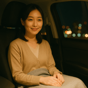 夜景を背景に日本人女性が薄手ブランケットを膝にかけて微笑む車内の様子