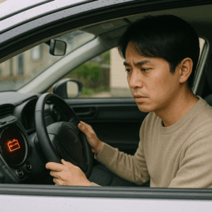 短距離走行を繰り返すことで充電不足になる車とドライバーの様子を表現した写真風イメージ