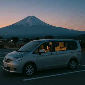 富士山が見える道の駅に停車中の車、旅行者が車中泊を楽しんでいるイメージ