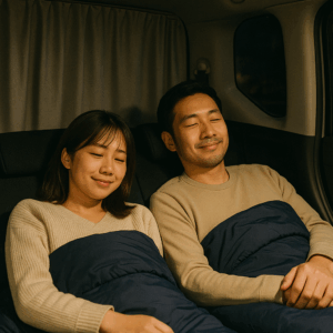車内に敷かれたベッドキットと寝袋を使って快適に休む日本人夫婦、プライバシー確保のカーテン付き