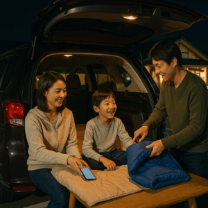 道の駅の駐車場に停められた車で車中泊の準備をする日本人家族の様子、夜間で安心感のある明るい環境