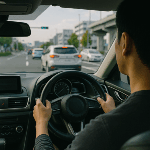 先の信号と車列を見通し余裕の車間で巡航する日本人ドライバーの視点