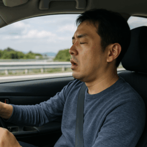 高速道路を運転しながら眠気を感じる日本人男性の横顔