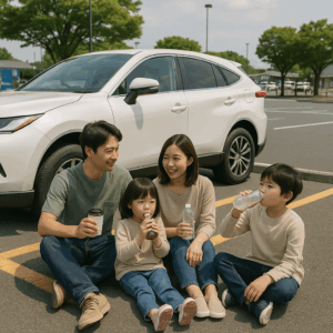 サービスエリアの駐車場で休憩する日本人家族