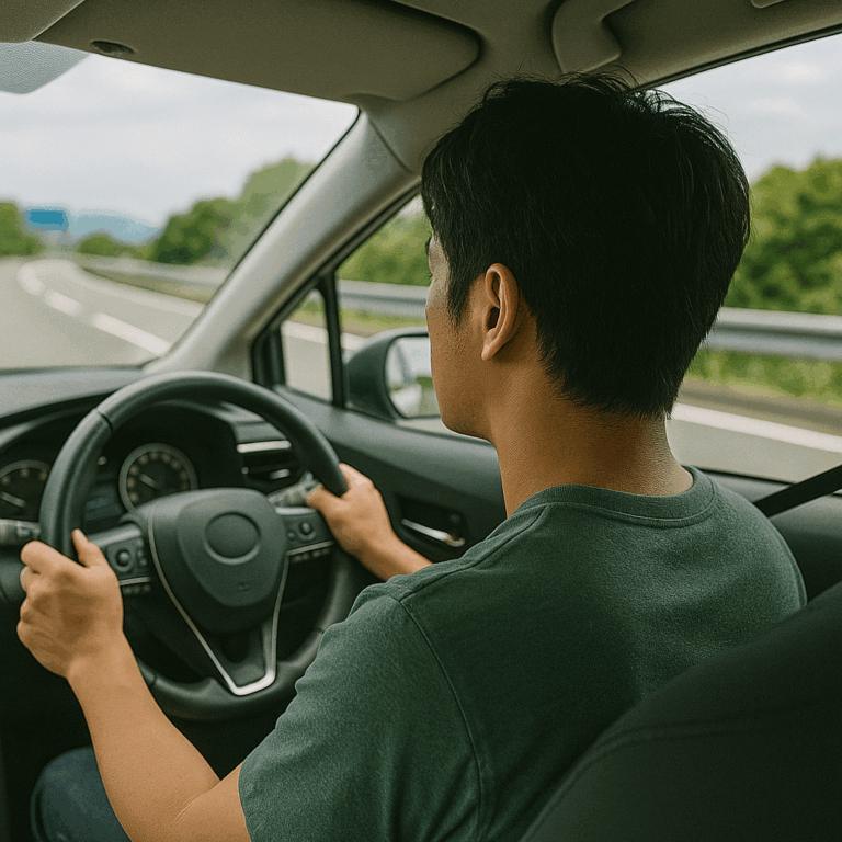 高速道路で安全運転を心がける日本人ドライバーの後ろ姿
