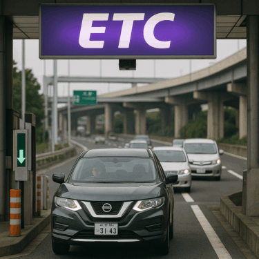 首都圏の料金所でETC専用レーンをスムーズに通過する日本の車列、上部に紫のETC表示が点灯し時短と節約を想起させる構図