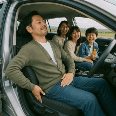 長距離ドライブを快適に楽しむ家族と車のイメージ、腰痛対策を意識したシート調整風景