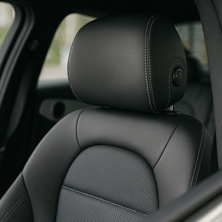 W205型Cクラスの運転席シートの写真。ヘッドレストの部分に焦点を当て、シートの高級感と技術的な内容の両方をイメージさせるデザイン。