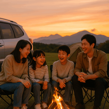 ファミリーキャンプを楽しむ日本の家族が、車の横でチェアに座り、焚き火を囲んで笑いあっている様子。背景には夕焼けの空と山々が見える。
