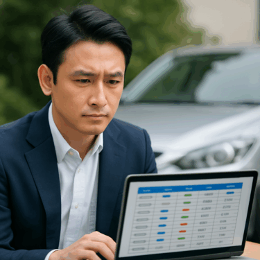 信頼感のある男性が、パソコンの画面に表示された複数の自動車保険の比較表を真剣な表情で見つめている写真。背景には車が写っており、保険料の見直しによる節約効果をイメージさせる。