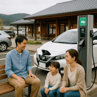 道の駅で車を充電している家族
