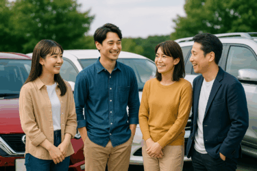 20代、30代、40代、50代以上を象徴する男女が、それぞれの年代の車（スポーツカー、ファミリーカーなど）の隣に立っている写真。