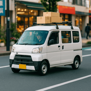 黒ナンバーを付けた軽バンが、荷物を積んで街中を走っている写真。明るく、活気のあるイメージで、プロのドライバーを象徴するデザイン。