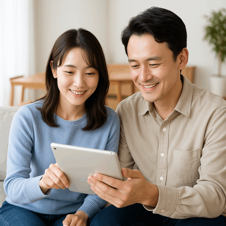 広々としたリビングで、若い夫婦がタブレットを使い、笑顔で自動車保険のプランを比較している写真。新しいカーライフへの期待感と安心感をイメージさせる、清潔感のあるデザイン。