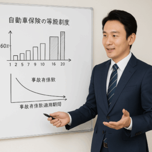 自動車の等級制度を説明するグラフや図が描かれたホワイトボードと、それを説明している保険のプロフェッショナルの写真。専門的で信頼性の高い情報をイメージさせるデザイン。