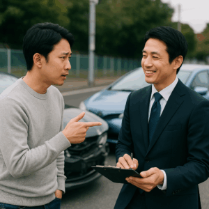 事故現場で、保険会社の担当者と話をするドライバーの写真。安心感のある表情と、迅速な対応をイメージさせるデザイン。