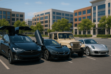 人気お笑い芸人たちの愛車が並ぶ様子をイメージした写真風合成画像。テスラ、BMW、ジープ、ポルシェなど多彩な車種が個性を際立たせている。