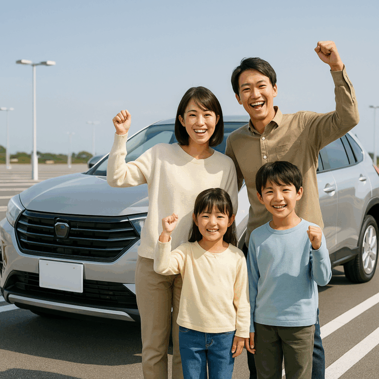 広々とした駐車場に、明るい笑顔の家族が新車の前でポーズを取っている様子。カーリースで手に入れた新しい生活の始まりをイメージさせる、明るく希望に満ちたデザイン。