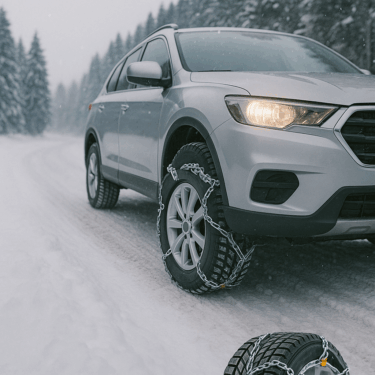 冬の雪道を安心して走行する車とタイヤ・チェーンのイメージ