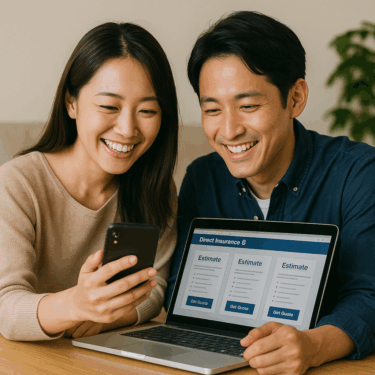 笑顔でスマートフォンを操作し、一括見積もりサイトから送信された複数の見積もりを比較している男女の写真。保険選びが簡単で楽しいものだと感じさせる、ポジティブなイメージのデザイン。