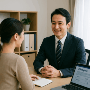 代理店型の相談風景として、保険会社の担当者と顧客がオフィスで対面で話している写真。安心感や信頼性をイメージさせるデザイン。