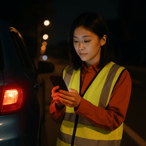 路肩に停車した車の横でスマホを手にJAFへ連絡する日本人女性（安全ベスト着用、夜間の雰囲気） 
