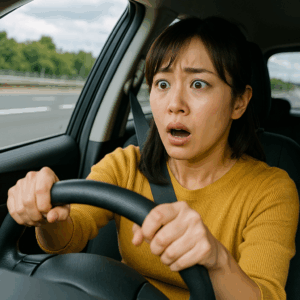 高速道路の走行中にハンドルを強く握りしめ、驚きの表情を浮かべる日本人女性ドライバー