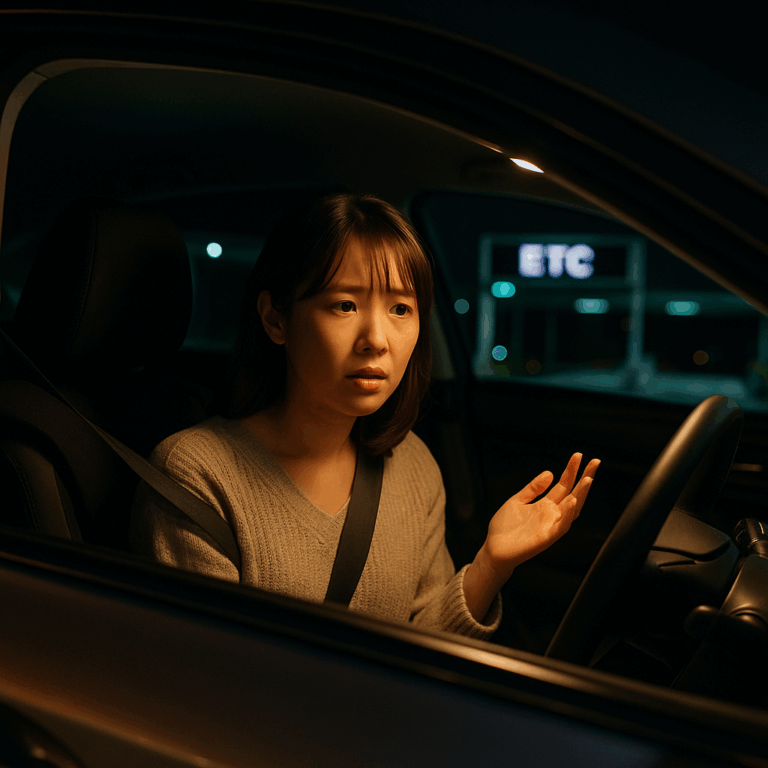 深夜の高速道路でETCゲートの前に停車し、困惑する日本人女性ドライバー