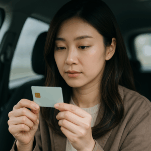 ETCカードを慎重に取り出し、端子部分を確認する日本人女性