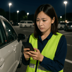 サービスエリアの駐車スペースでスマホを使い、ETCトラブルを調べている日本人女性ドライバー