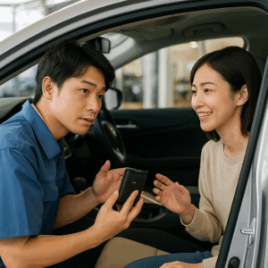 ディーラーでETC車載器の点検を受ける日本人ドライバー