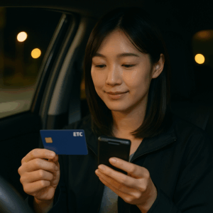 ETCカードと車載器を並べて確認する日本人女性ドライバー