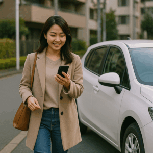 アプリ画面を操作しながら近くのカーシェア車両に向かう日本人女性。
