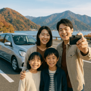 レンタカーをバックに記念撮影する日本人家族。
