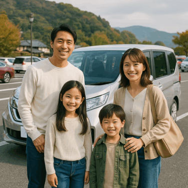 観光地の駐車場でレンタカーをバックに記念撮影する日本人家族。