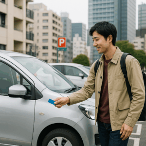 都会のカーシェア駐車場でコンパクトカーを借りようとしている日本人男性