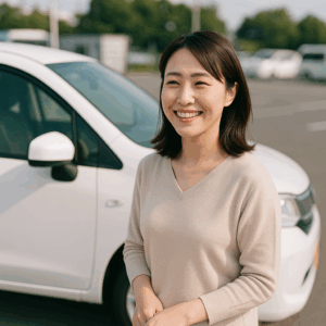 タイヤ交換を受けて安心した表情を見せる日本人女性ドライバー