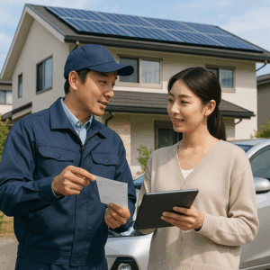 太陽光パネルが載った一軒家の前で、電力会社の検針票とタブレットを見比べながら、電気の流れを説明する日本人男性スタッフと話を聞く日本人女性ドライバーの写真