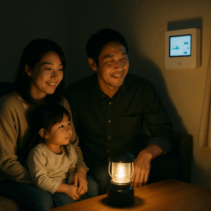 夜のリビングで、停電中でも明かりがついた室内で子どもとくつろぎながら、V2Hのモニター画面を確認してほっと微笑む日本人夫婦