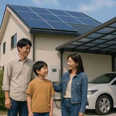 住宅の上の太陽光パネル、カーポートに停められた電気自動車、自宅の壁際のV2H機器を一枚の構図に収め、電気の流れをイメージさせる日本人家族の写真
