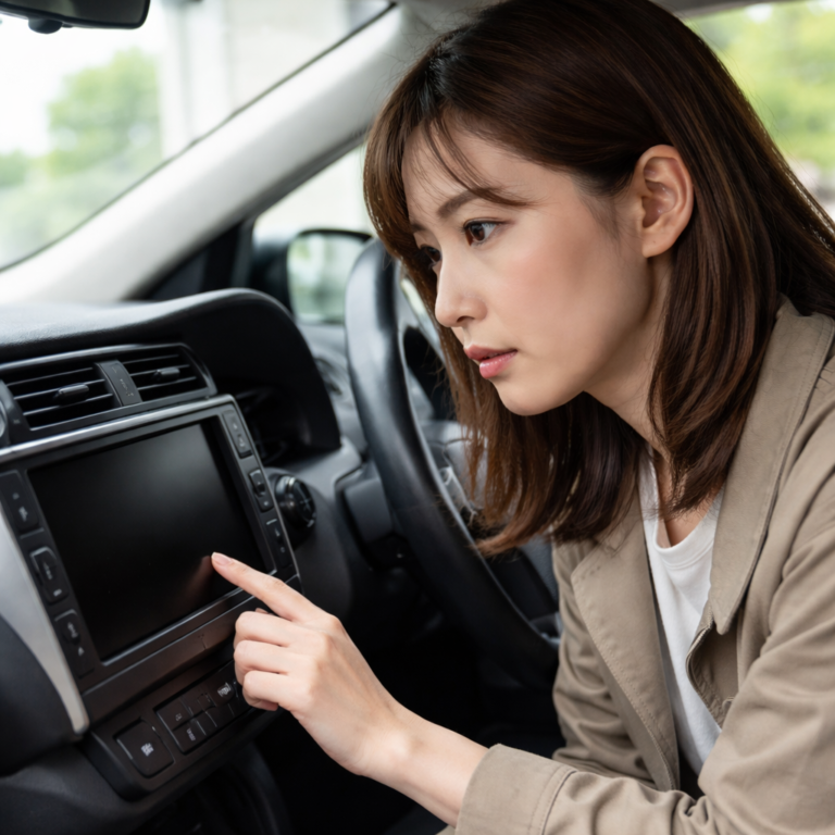 純正カーナビのタッチパネルが反応せず、画面を見つめて状況を確認している日本人女性