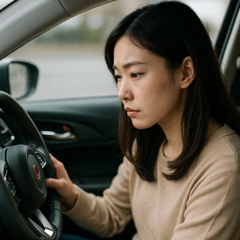 電動パーキングブレーキのトラブルに直面しつつも冷静に対応しようとする日本人女性