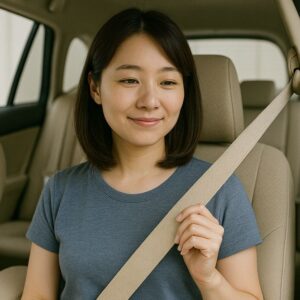 車内の後部座席でシートベルトを手に取り、安心した表情で点検を終えた日本人女性