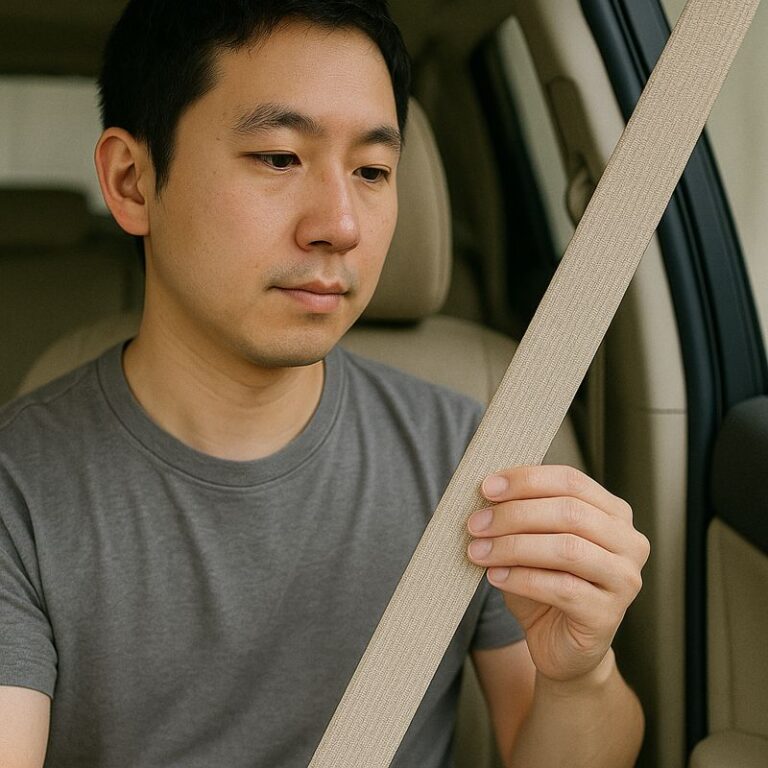 作業後にシートベルトの戻り具合をゆっくり確認し、改善を確かめている日本人男性