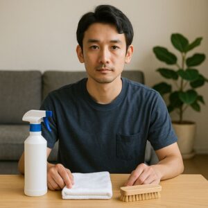 中性洗剤とタオル、柔らかいブラシをテーブルに並べ、作業準備を整えている日本人男性