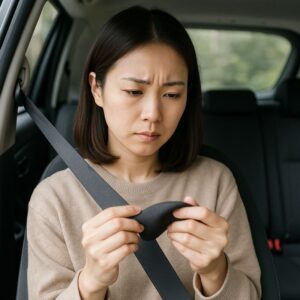 巻き取り不良の原因を考えながら後部座席のシートベルトを指でつまみ、状態を落ち着いて確認している日本人女性
