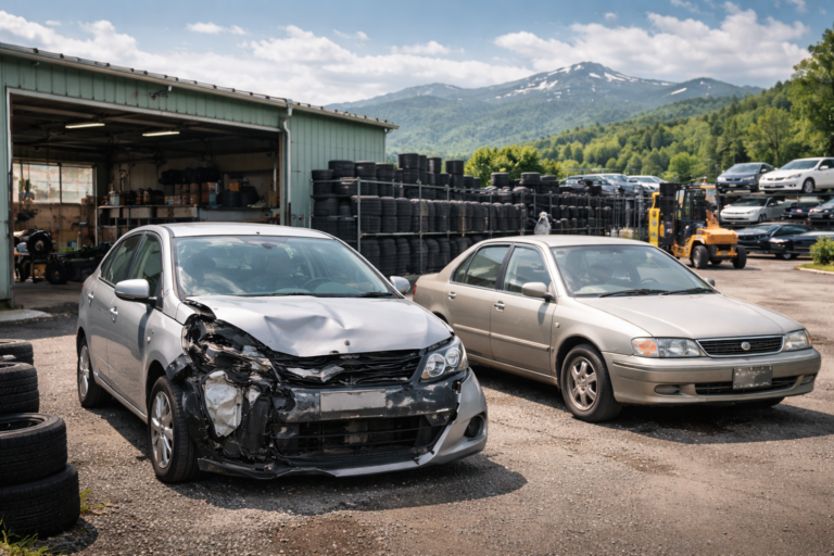 北海道の車両ヤードで事故車と古い車が並び、廃車買取サービスの検討をイメージできるリアルな写真風アイキャッチ画像