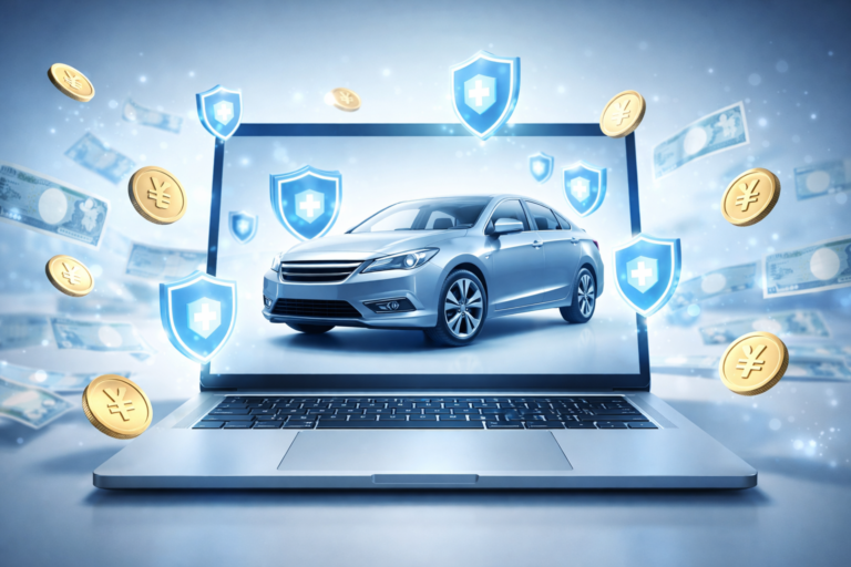 ノートパソコンの画面上に表示された現代的な自動車と、それを囲む輝く盾のアイコン、浮遊する日本円の硬貨と紙幣の3Dイラスト。自動車保険の節約と保護を象徴する、明るくクリーンな企業の青と白のカラーパレット。