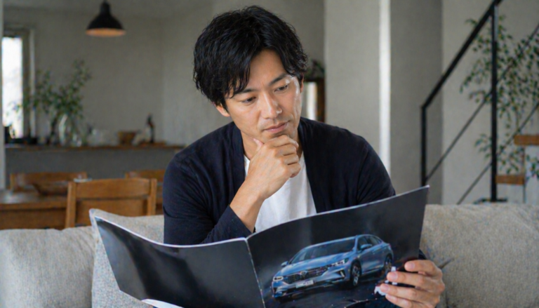 自宅で車の資料を見ながら検討している30代後半の日本人男性のリアルな様子