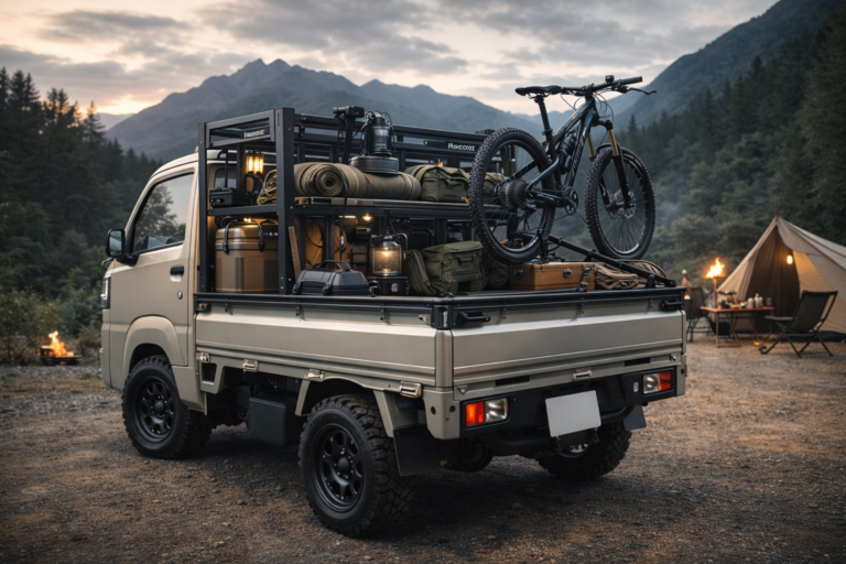 黒い頑丈なスチール製ラックフレーム（ラクトラ）を装着したカスタム軽トラック。山岳地帯のキャンプ場でギアを積載した状態のプロフェッショナルな自動車写真。